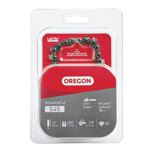 Oregon S45 AdvanceCut - Cadena de Repuesto para Barra guía de 12 Pulgadas, 45 eslabones de transmisión, Paso: Perfil bajo de 3/8 Pulgadas, Baja vibración, Calibre de 0.50 Pulgadas