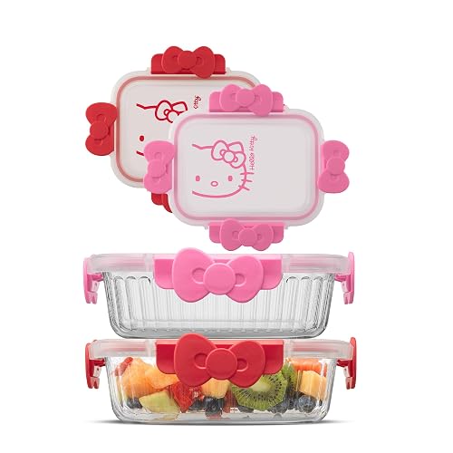 JoyJolt Sanrio Hello Kitty Recipientes de Vidrio Estriado 2 | Rosa y rojo, 2 pzs, borosilicato estriado, tapas herméticas sin BPA, seguro para congelador/microondas/horno
