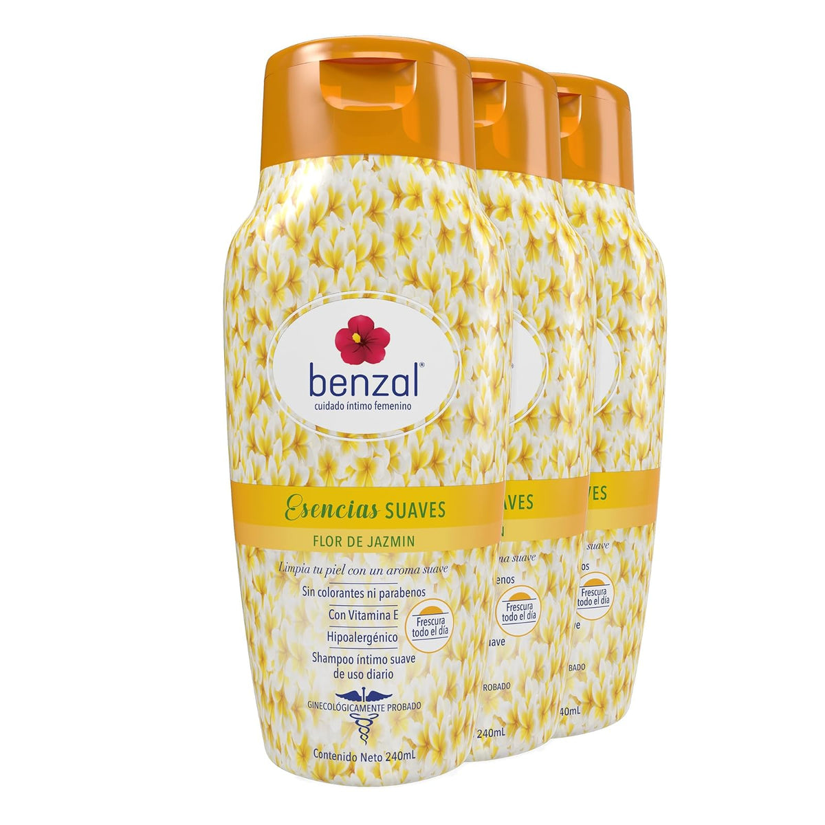 Benzal Wash Jabón Íntimo Femenino, Esencias Suaves, Shampoo para Mujer, Flor de Jazmín, Paquete de 3, 240ml