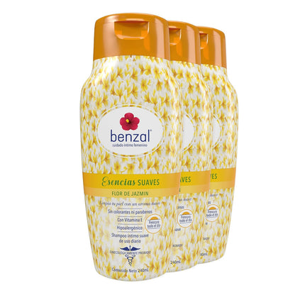 Benzal Wash Jabón Íntimo Femenino, Esencias Suaves, Shampoo para Mujer, Flor de Jazmín, Paquete de 3, 240ml