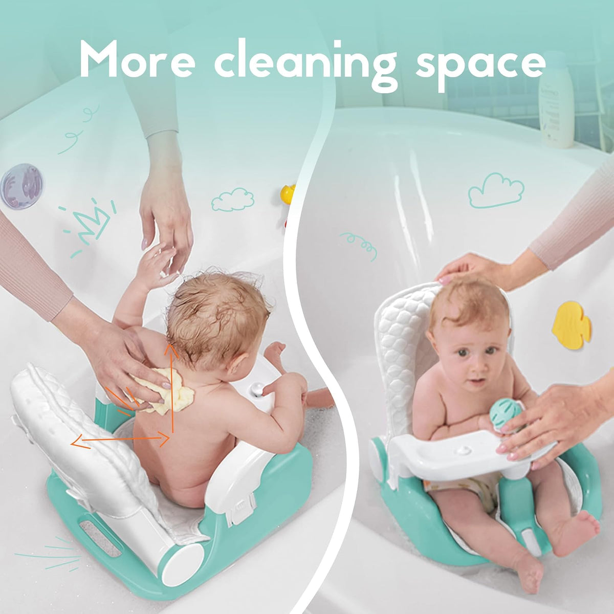 BabyBond - Asiento de baño para bebé con asiento y acostado, 2 modos, ajuste de 3 velocidades, potentes ventosas, silla de tina para bebé con toalla suave y cómoda, plegable y colgante