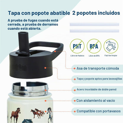 Wildkin Kids - Botella de agua de acero inoxidable de 14 onzas, sin BPA, a prueba de fugas, aislada, fácil de limpiar, diseño de caballos