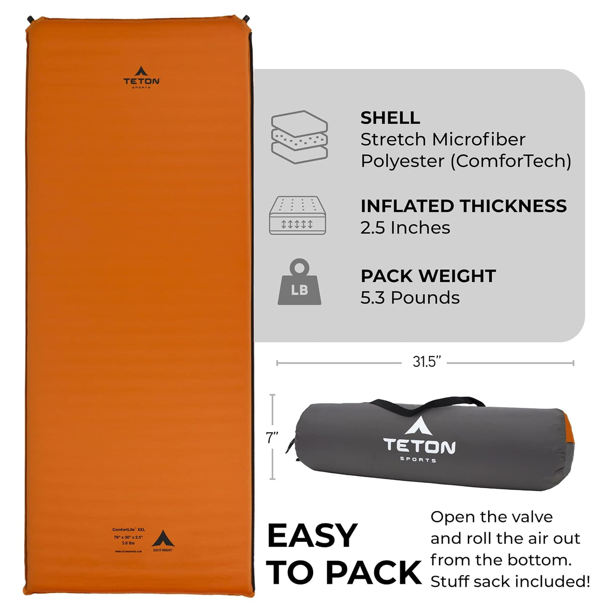 TETON Sports Comfortlite colchoneta para Acampar autoinflable.