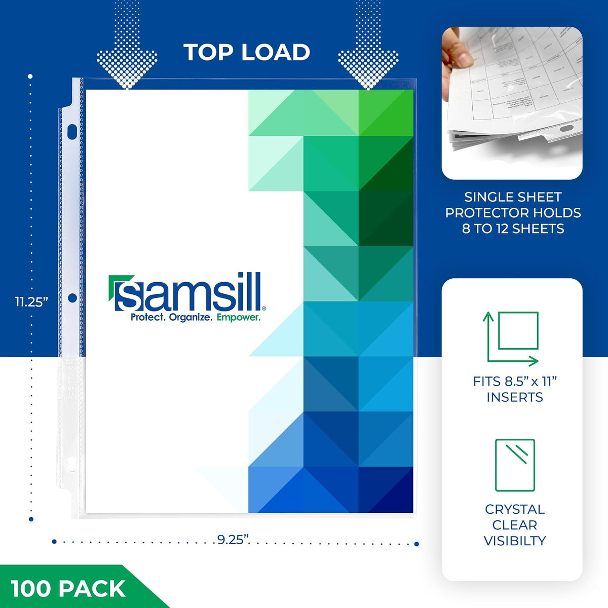 Samsill 100 protectores de hojas transparentes de peso estándar, protectores de páginas de plástico reforzado con diseño de 3 orificios, caja fuerte para archivos, carga superior para hojas de 8,5 x