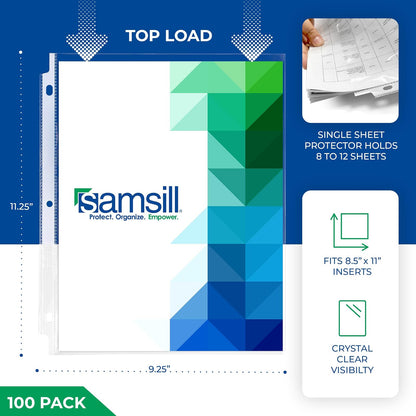 Samsill 100 protectores de hojas transparentes de peso estándar, protectores de páginas de plástico reforzado con diseño de 3 orificios, caja fuerte para archivos, carga superior para hojas de 8,5 x