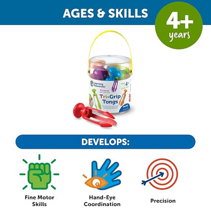 Learning Resources 3 Prong Tong, Pinzas de Agarre de Lápiz, Contenedor Sensorial, Juguete de Motricidad Fina, Juego de 6 Piezas, Mayores de 4 Años