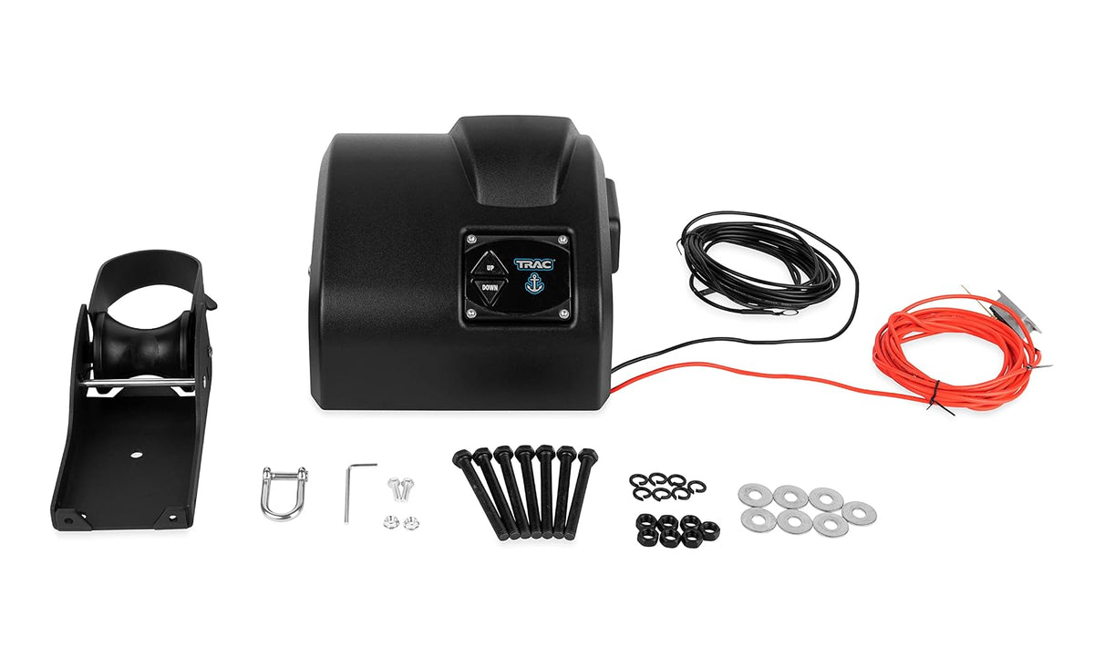 Camco TRAC-Outdoor Products Fisherman 25-G3 - Cabrestante de Anclaje eléctrico - Anclajes de hasta 25 Libras - Incluye 100 pies de Cuerda de Anclaje preenrollada con Uso (69002), Color Negro