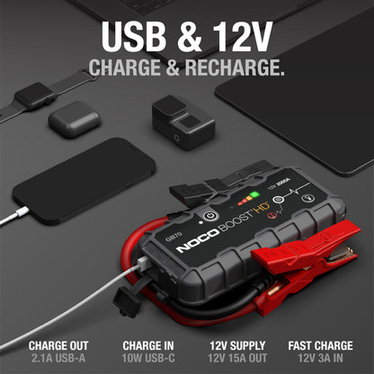 NOCO Boost HD GB70 2000A 12V Arrancador de Batería de Litio UltraSafe, Portátil Arranque de Batería y Cable de Puente para Motores de Gasolina de hasta 8-litros y Motores Diésel de hasta 6-litros