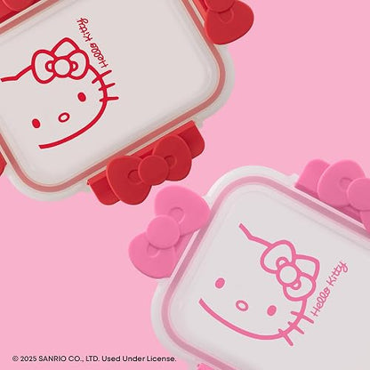 JoyJolt Sanrio Hello Kitty Recipientes de Vidrio Estriado 2 | Rosa y rojo, 2 pzs, borosilicato estriado, tapas herméticas sin BPA, seguro para congelador/microondas/horno