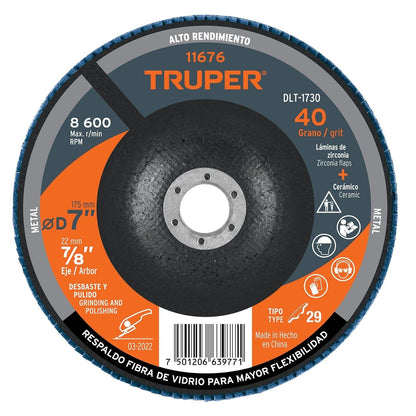 Truper DLT-1730, Disco laminado, alto rendimiento, diámetro 7", 7/8", grano 40 - 7" - Grano 40