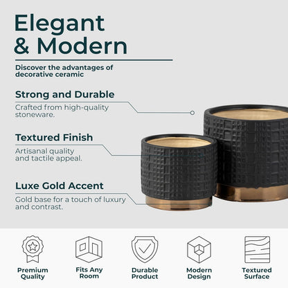 Sagebrook Home Macetas de cerámica y gres con Detalles Dorados Modernas y Decorativas para Plantas suculentas Flores y Hierbas Elegante decoración del hogar y la Oficina; Juego de 2 Color Negro