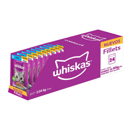 Whiskas - Sobres para Gato, 24 Piezas, Sabor Filetes De Atún, 85g c/u., Fibra Natural, Minerales, Vitaminas A, Sin Conservadores
