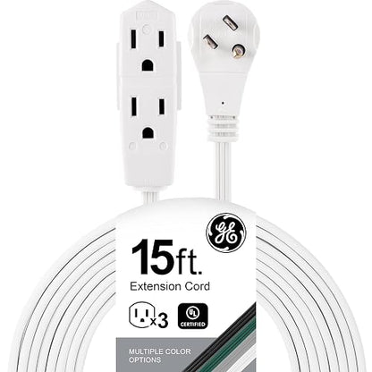 GE 56986 - Cable de extensión plano de 3 tomas, cable de extensión a tierra de 15 pies con múltiples tomas, extensor de toma de corriente de 3 clavijas, enchufe plano, calibre 16 para interiores