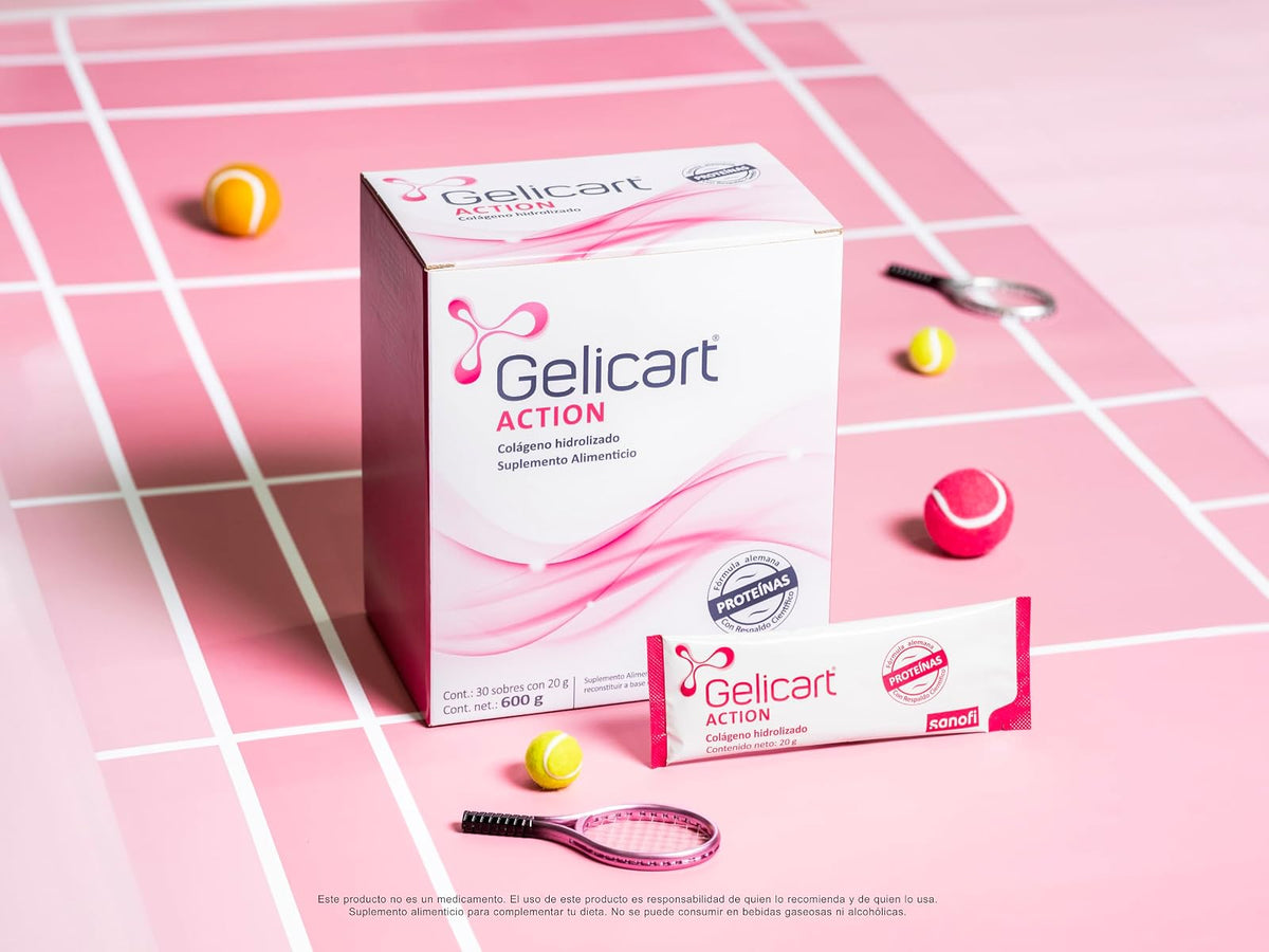 Gelicart Action, Suplemento Alimenticio, Polvo de Colágeno Hidrolizado con 30 Sobres de 20 gr, 1 count