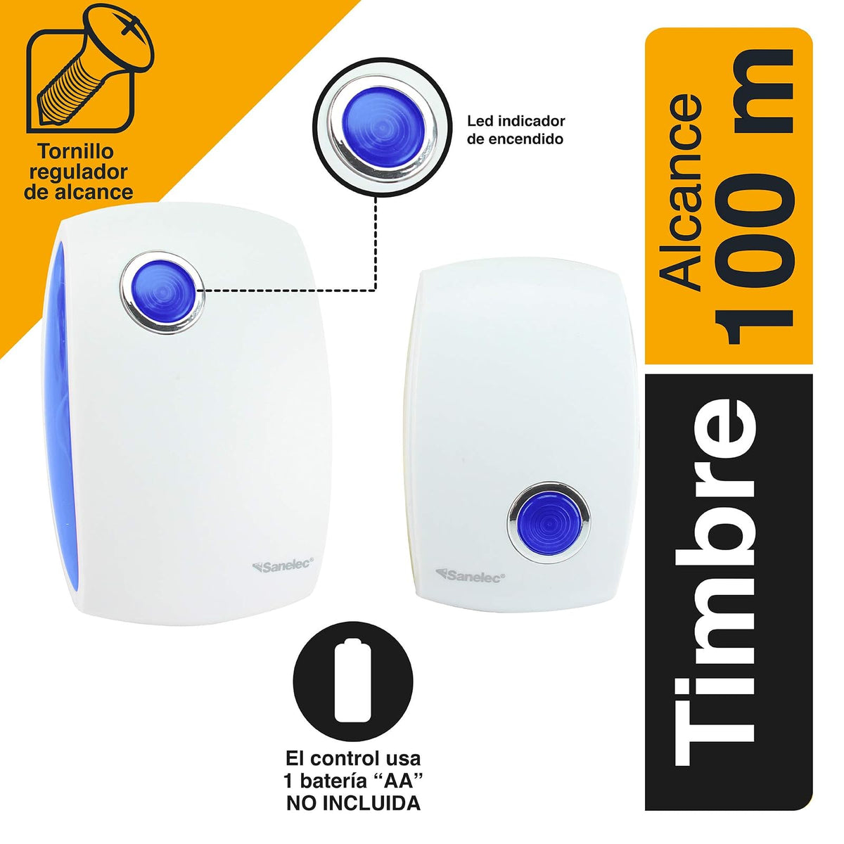 Sanelec 2643 Timbre Inalámbrico con Clavija, 32 Melodias, LED Indicador de Encendido, 1 Control