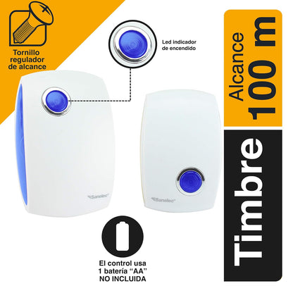 Sanelec 2643 Timbre Inalámbrico con Clavija, 32 Melodias, LED Indicador de Encendido, 1 Control