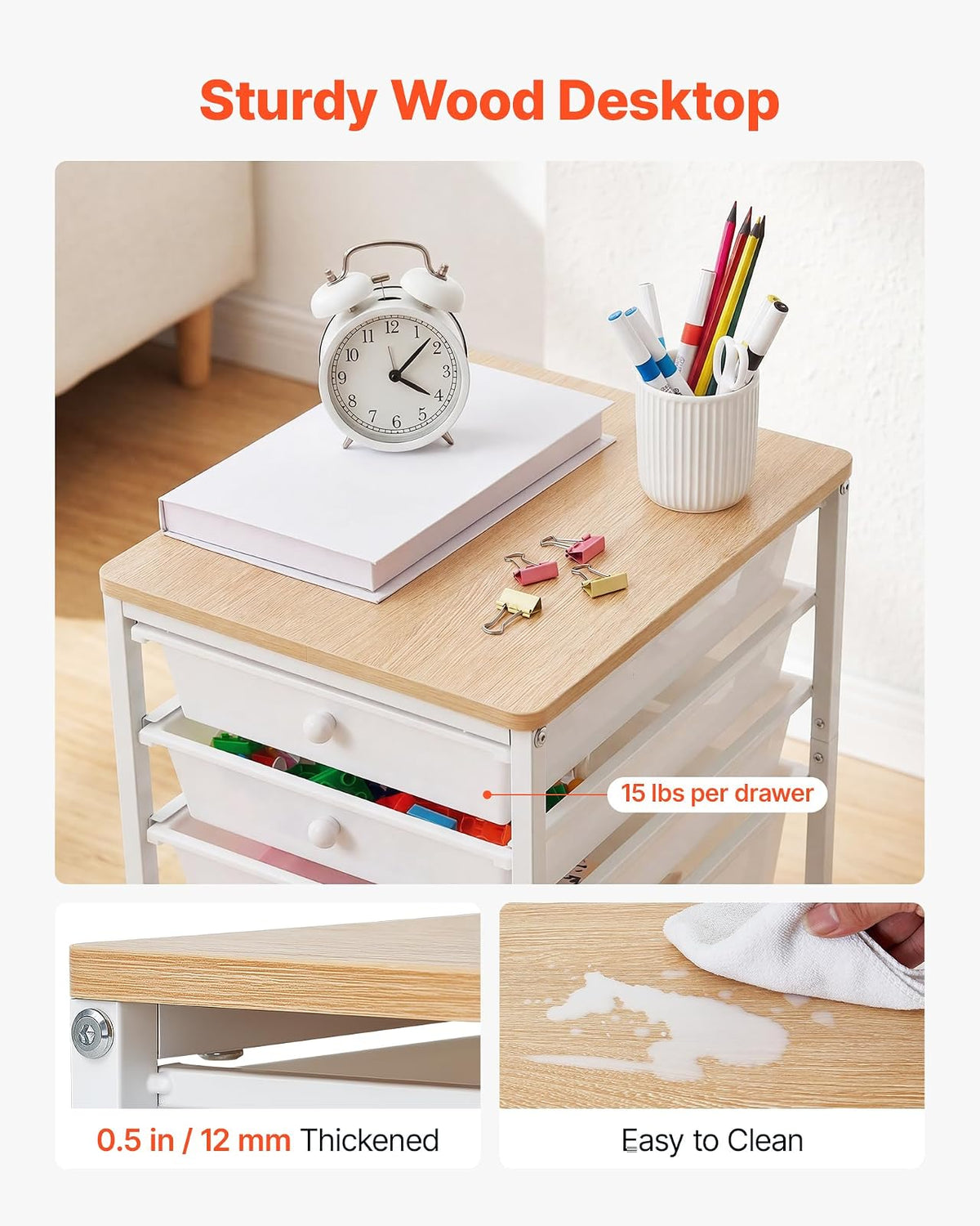 VEVOR Carrito Organizador de Metal con 5 Cajones, Carrito Almacenamiento | con Ruedas Giratorias de 360° y 2 Frenos, Tapa de Madera, Destornillador para Garaje Manualidades Baño Oficina Dormitorio