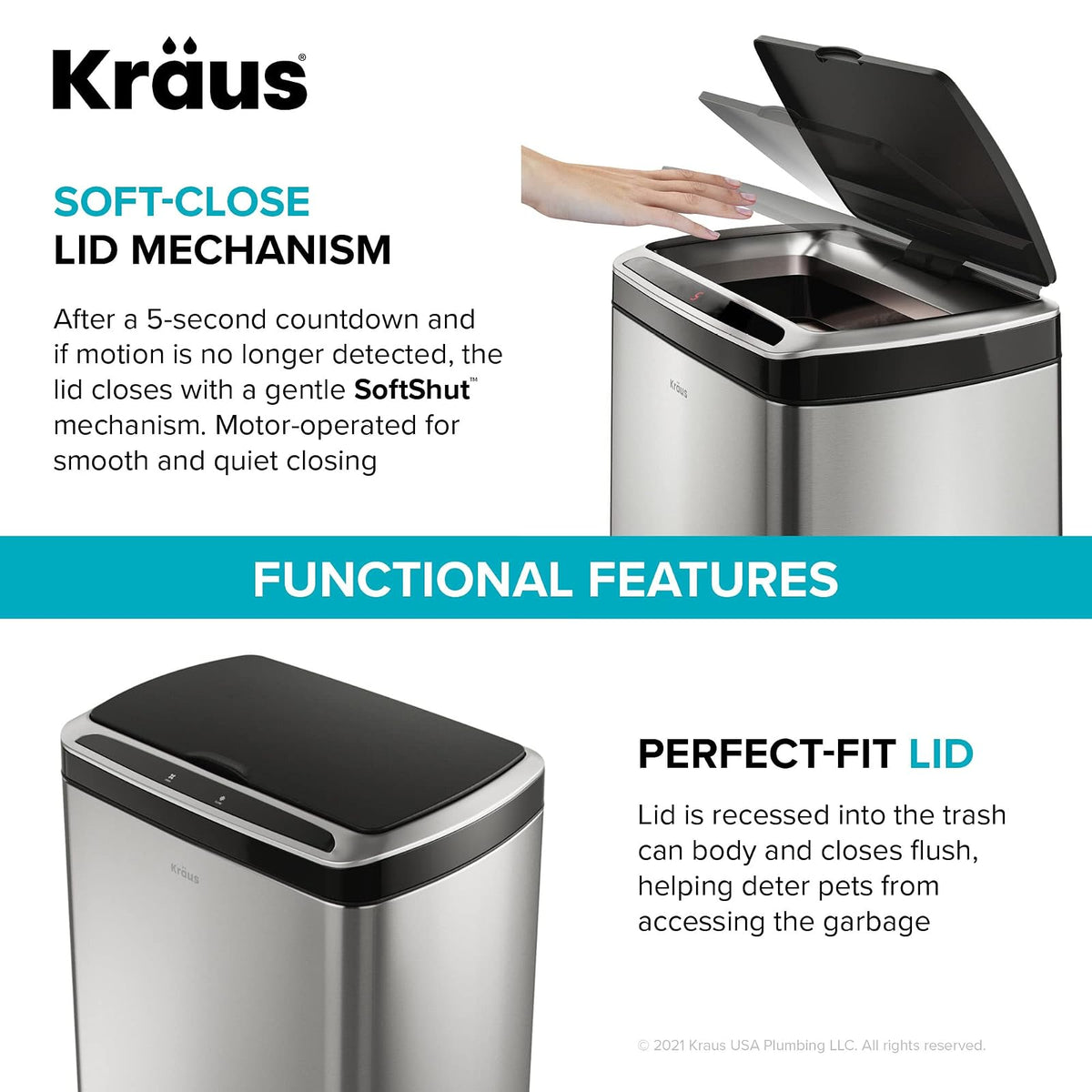 Kraus GarbagePro - Bote de basura rectangular de 13 galones con sensor de movimiento manos libres funciona con pilas en acabado negro mate con tapa SoftShut Touchless, KTCS-10MB