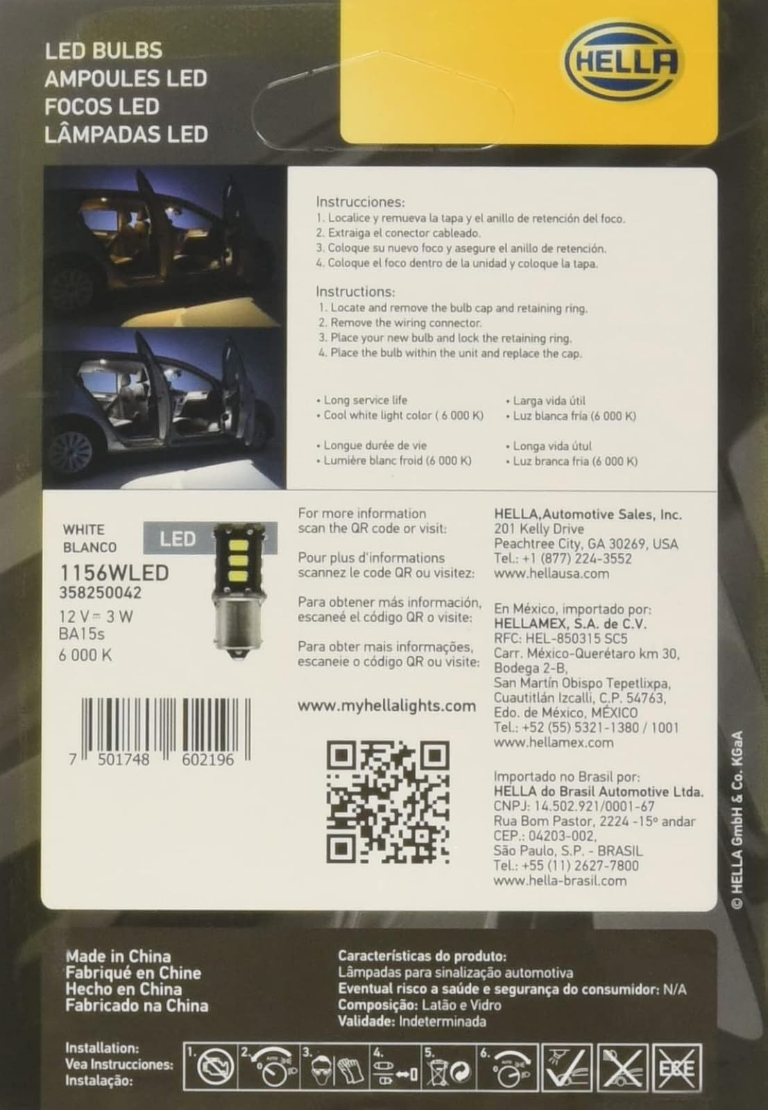 Hella 358250042 Set de 2 Focos Mini LED 1156 Luz Blanca de 6000K para Uso Exterior 12V 3W