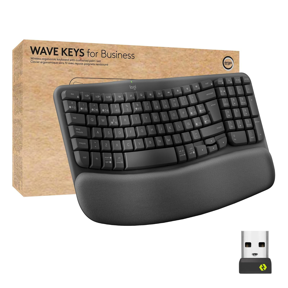 Logitech Wave Keys for Business, Teclado ergonómico inalámbrico con reposamanos Acolchado, tecnología Logi Bolt Segura, Bluetooth, Compatible con Windows/Mac/Chrome/Linux - Grafito