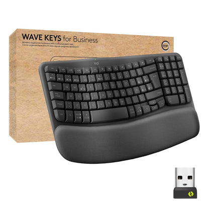 Logitech Wave Keys for Business, Teclado ergonómico inalámbrico con reposamanos Acolchado, tecnología Logi Bolt Segura, Bluetooth, Compatible con Windows/Mac/Chrome/Linux - Grafito