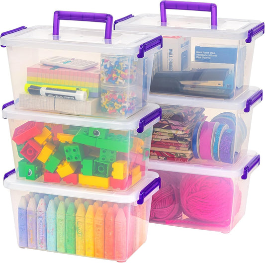IRIS USA Contenedores con Tapa de 5 Qt, 6 Piezas, Transparentes | Caja con asa integrada, contenedores para manualidades, arte, oficina y broches entrelazables