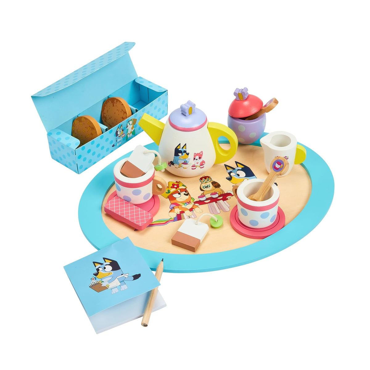 Bluey Tea Party Set Juego De Té para Niños | Pequeño, 18 piezas, madera, con bandeja tetera tazas galletas bloc