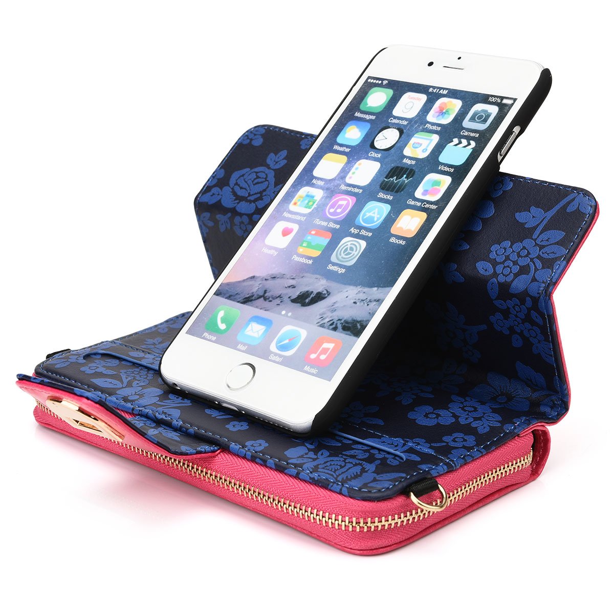 Kroo Bolso de mano tipo billetera con correa para Apple iPhone 6/6S Plus, 14 cm de largo, con carcasa removible, estuche de viaje, empaque libre de frustraciones, color negro