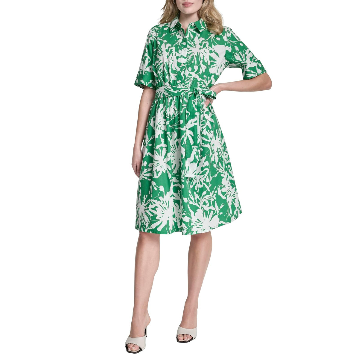 DKNY Vestido Camisero de Popelina de Algodón Manga 3/4 - 16 - helecho - marfil