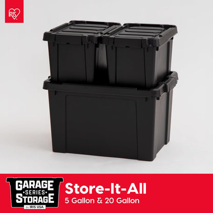 IRIS USA 6 Contenedores Resistentes de 5 Gal con Tapa, Negro | Diseñado para herramientas, ferretería, suministros de emergencia y equipos pequeños. Diseño apilable.