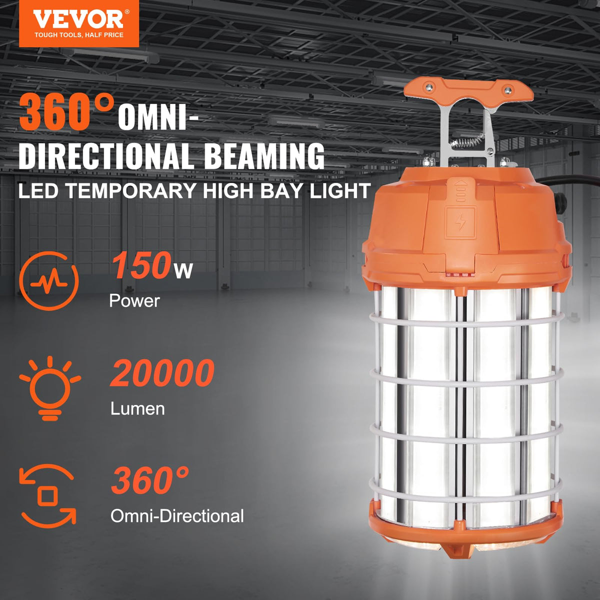 VEVOR - Luz LED de trabajo temporal, 150 W, 20000 lm, luces de construcción portátil de 5000 K, súper brillante e impermeable y conectada hasta 6 luces, iluminación colgante en el lugar de trabajo