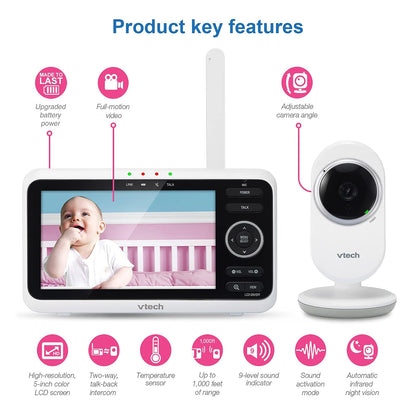 VTech VM350 Monitor de vídeo para bebé con pantalla de 5 pulgadas, largo alcance, visión nocturna por infrarrojos, conversación de dos vías, pantalla automática, sonidos calmantes y canciones de cuna, sensor de temperatura