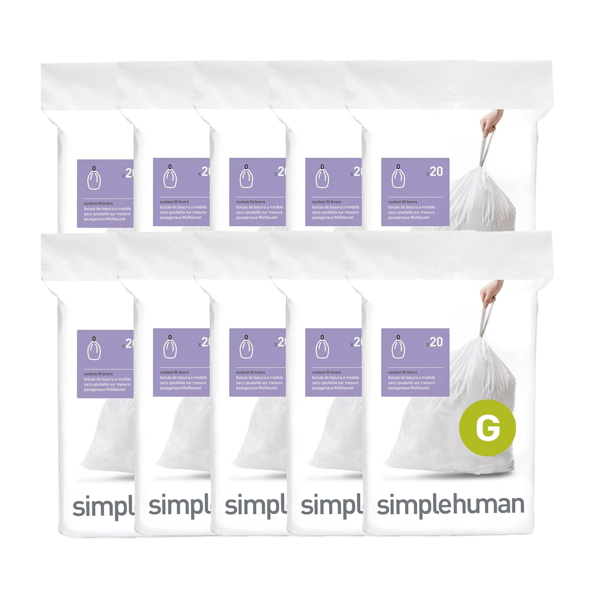 simplehuman Código K Bolsas de Basura con Cordón, Blanco, 100 pzas - Blanco - 200 Count (Pack of 1) - Código G