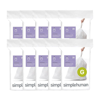 simplehuman Código K Bolsas de Basura con Cordón, Blanco, 100 pzas - Blanco - 200 Count (Pack of 1) - Código G