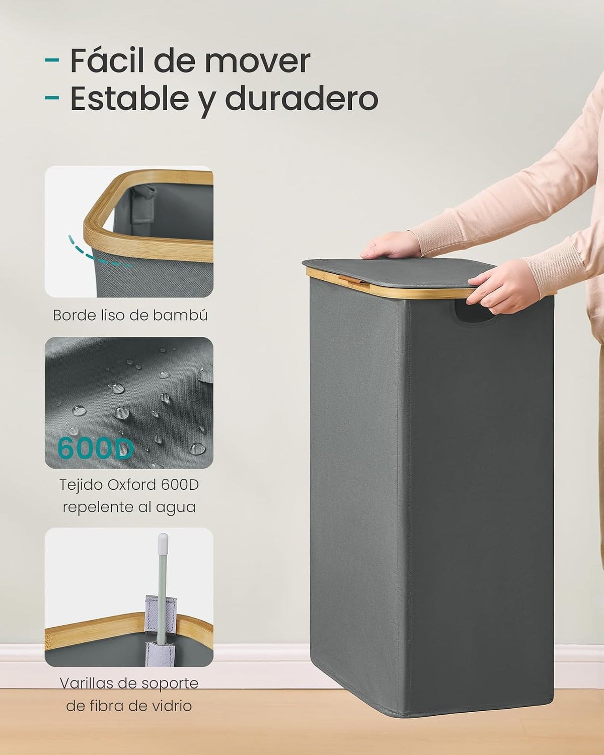 SONGMICS Organizador de Colada, Cesto para Ropa, Tela Oxford, Plegable, Bambú, Baño, Dormitorio, 100 L, Gris Pizarra MLCB518GN01
