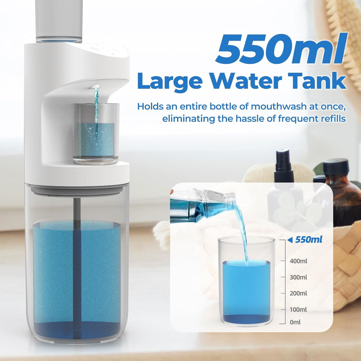 Dispensador automático de Enjuague bucal, 550 ml (20 oz) dispensador de Enjuague bucal para baño con Vasos magnéticos, 3 Niveles de dispensación, Largo Tiempo de Espera, Blanco