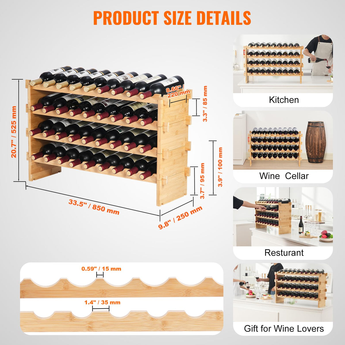 VEVOR Botellero Apilable de Vino 36 Botellas Estante de Almacenamiento de Bambú 850x250x525 mm Botellero Independiente de 4 Niveles Estantes sin Sacudidas para Cocina, Bar, Bodega, Color Natural