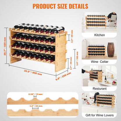 VEVOR Botellero Apilable de Vino 36 Botellas Estante de Almacenamiento de Bambú 850x250x525 mm Botellero Independiente de 4 Niveles Estantes sin Sacudidas para Cocina, Bar, Bodega, Color Natural