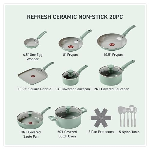 T-fal C488SK74 Ceramic Refresh Batería 20 pz | Batería de aluminio , Recubrimiento cerámica, Inoceram, Menta, Look fresco, más resistente, cocina saludable con menos aceite