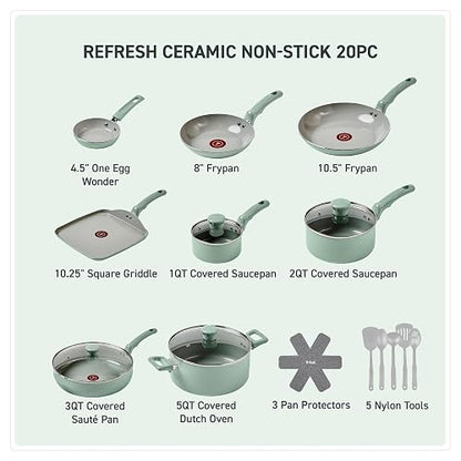 T-fal C488SK74 Ceramic Refresh Batería 20 pz | Batería de aluminio , Recubrimiento cerámica, Inoceram, Menta, Look fresco, más resistente, cocina saludable con menos aceite