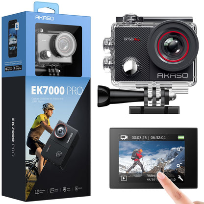 AKASO EK7000 Pro Cámara Deportiva 4K WiFi 20MP Cámara de Acción | Camara Acuatica Sumergible con Pantalla táctil, EIS, 2 baterías, para Senderismo/esquí/buceo/surfea/Deporte/a diario