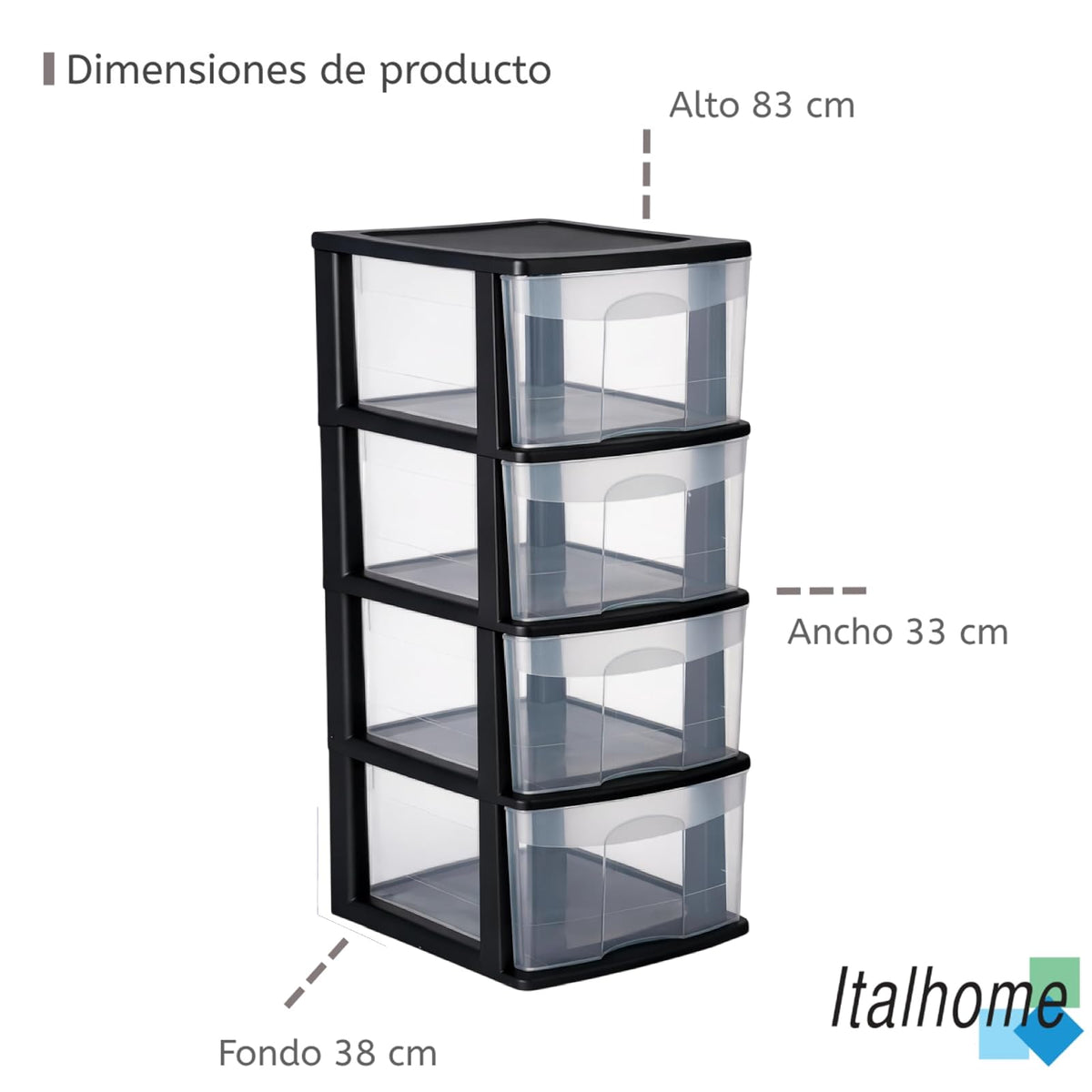 Italhome Cajonera ONYX 4 de Plástico Negra con 4 Cajones Transparentes, Organizador Multiusos para Recámara, Oficina o Cocina