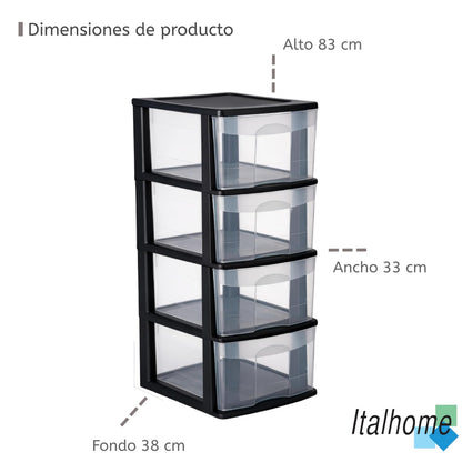 Italhome Cajonera ONYX 4 de Plástico Negra con 4 Cajones Transparentes, Organizador Multiusos para Recámara, Oficina o Cocina