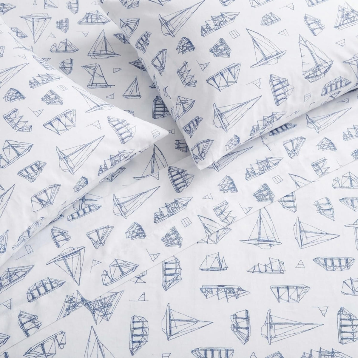 Nautica - Juego de sábanas de algodón percal con Funda de Almohada a Juego, elástico, Esenciales para recámara (Azul Vela de Madera Blanca)