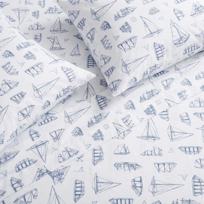 Nautica - Juego de sábanas de algodón percal con Funda de Almohada a Juego, elástico, Esenciales para recámara (Azul Vela de Madera Blanca)