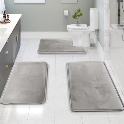 Clara Clark - Juego de 3 alfombrillas de baño de espuma viscoelástica de terciopelo para baño, antideslizantes, con respaldo de PVC, lavables, se seca rápidamente, juego de alfombras de baño plateadas - Sólido - Juego de 3 piezas - plateado