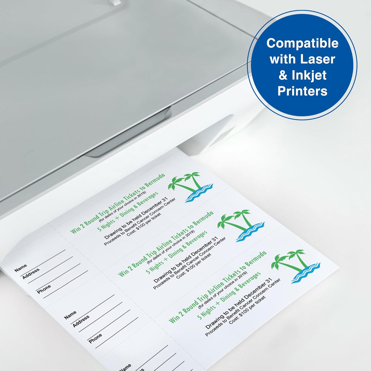PrintWorks - Boletos de rifa imprimibles con trozos desgarradores para eventos y recaudación de fondos, 1000 boletos personalizados (tamaño 2.7 x 8.5 pulgadas), 4 por hoja, 250 hojas (8.5 x 11