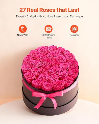VEVOR 27 Rosas Eternas en Caja Redonda, Ramo de Flores Preservadas, Caja de Regalo de Flores para Esposa, Madre, Pareja, Boda, Día de la Madre, San Valentín, Navidad, Rosa Roja, 227 x 227 x 140 mm