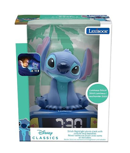 Lexibook Disney Stitch Reloj Despertador Luz Nocturna RL800D | Azul, visualización retroiluminada LCD, 6 sonidos y melodías, función repetición, luminoso, 3 pilas AA
