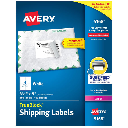 Avery 5168 Etiqueta Laser, 3 1/2" X 5" / 8,9 X 12,7 cm 400 Etiquetas, color Blanco